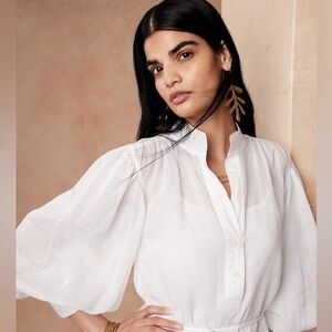 Banana Republic White Puff-Sleeve Button Front Dress